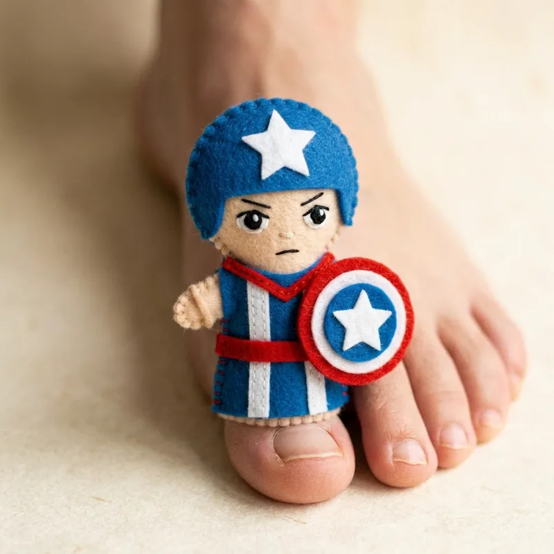 Captain Toe-merica toe puppet on a toe