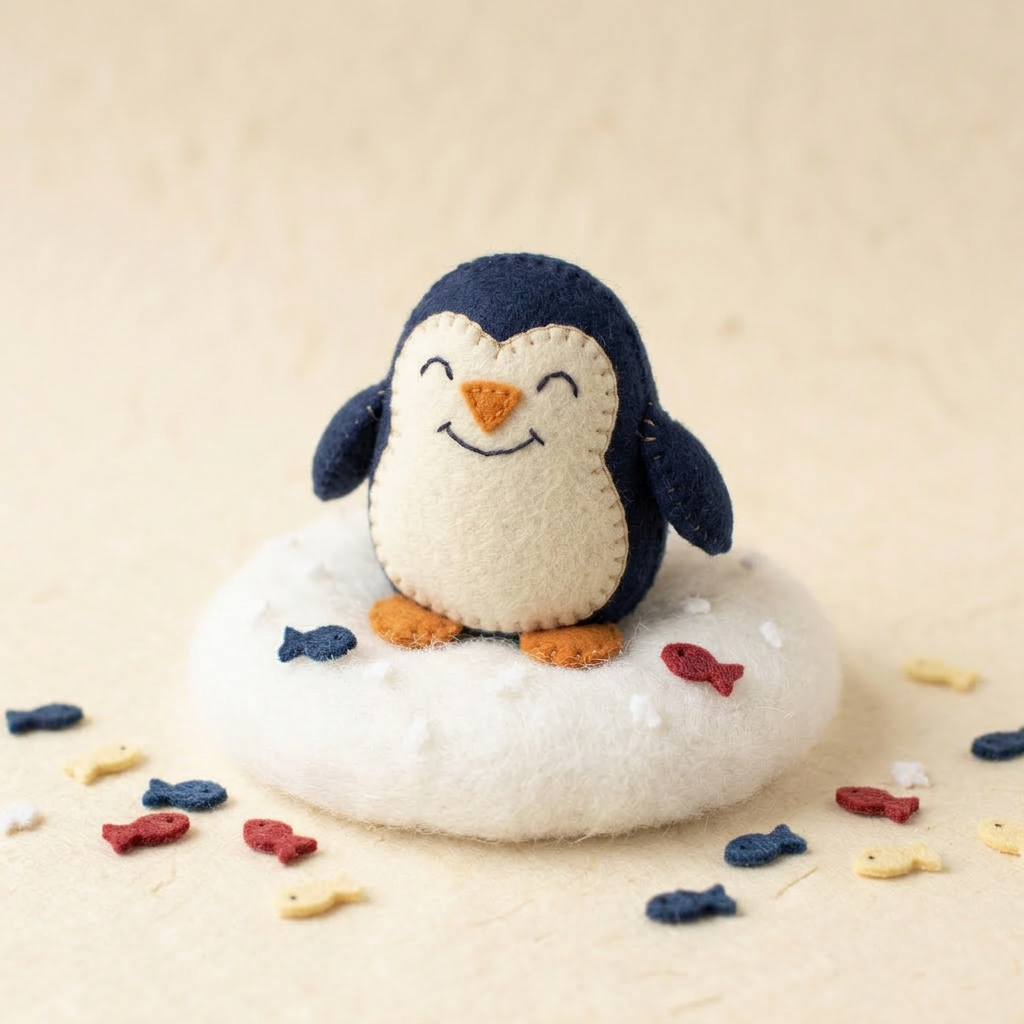 Chonky Penguin toe puppet in a cozy scene