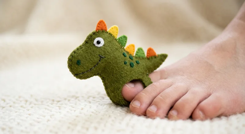 Dizzy Dino toe puppet on a toe