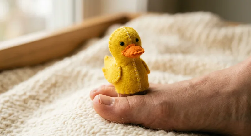 Waddle Duck toe puppet on a toe